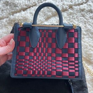 Strathberry Weave Satin & Leather NanoTote In Navy/ Burgundy